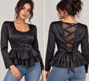 Vintage 90s Suzy Phillips Black Satin Peplum Blouse Lace Up Back Goth L